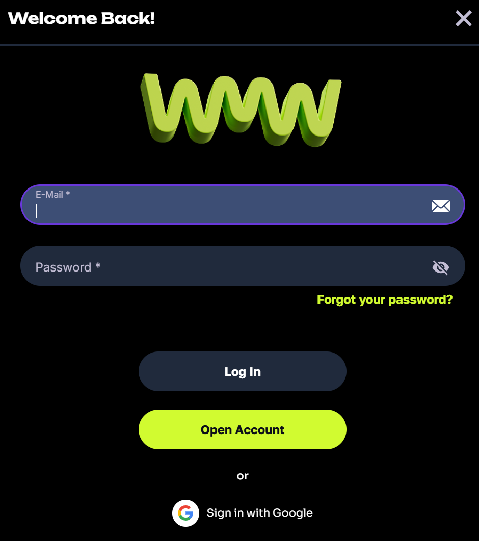 WatchMeWin Casino Login – ekran logowania z polem e-mail, hasłem i opcją Google
