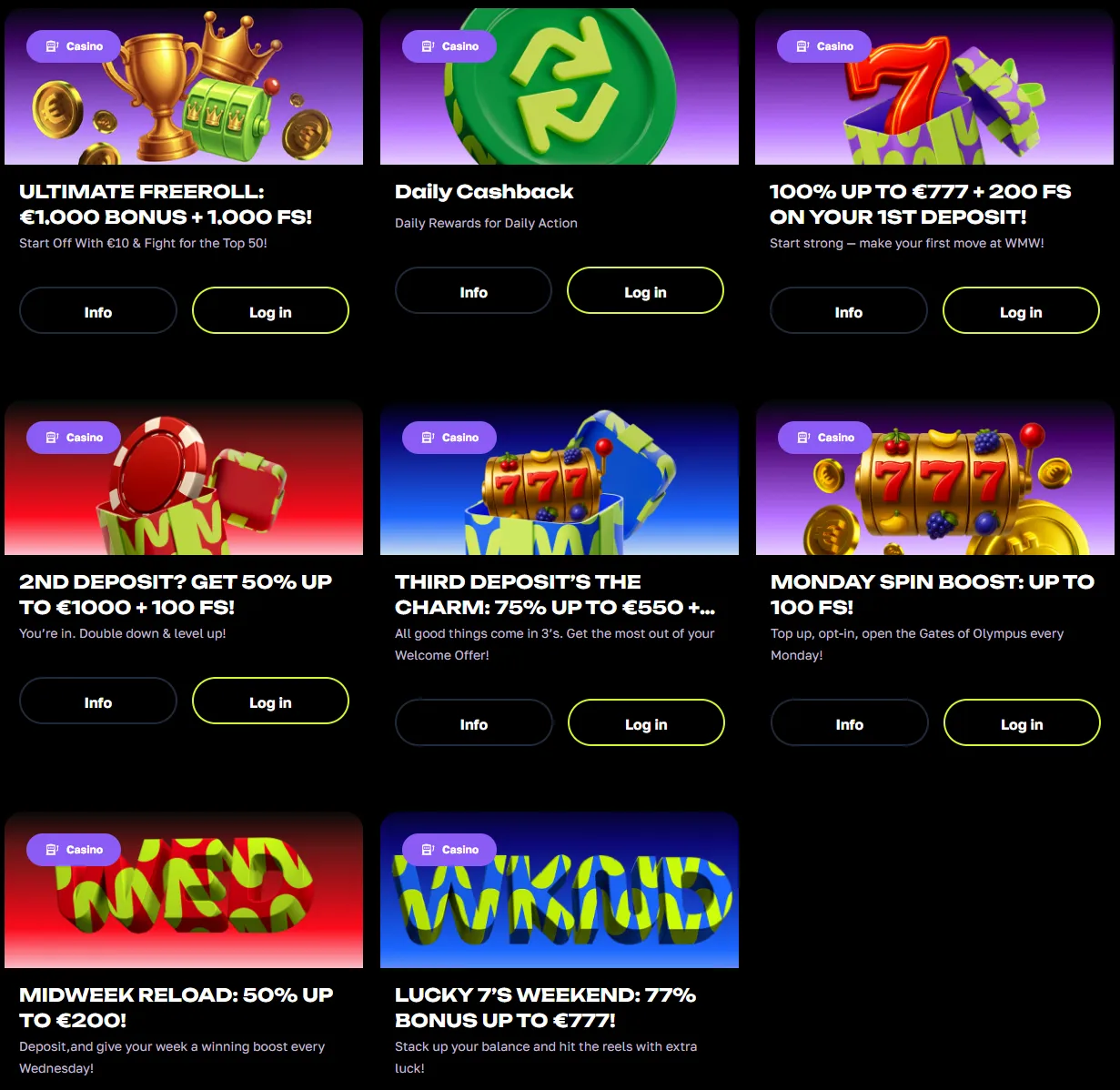 WatchMeWin Casino – ekran promocji i bonusów: freeroll, cashback, pakiet powitalny